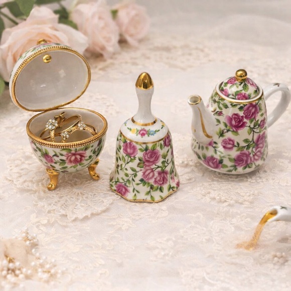 Vintage 🌸 3-Piece Mini Porcelain Set Bell, Teapot Egg Trinket Box Floral Small - Picture 1 of 16